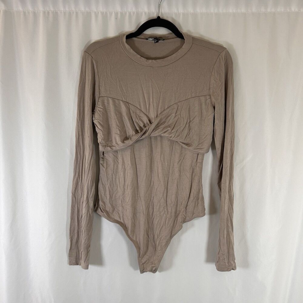 Lulus Bodysuit Women's Large Tan Brown Long Sleeve Crewneck Stretchy